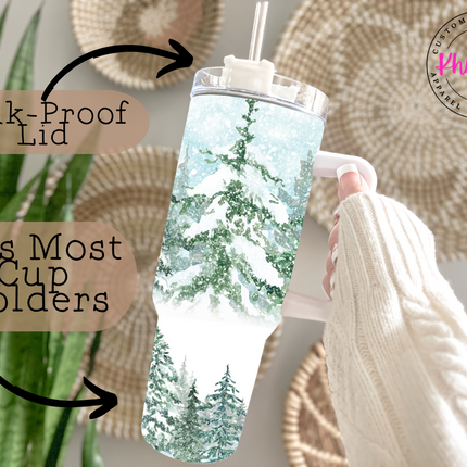 Snowcapped Fern Trees Winter Scene 40oz Tumbler with Metal Straw