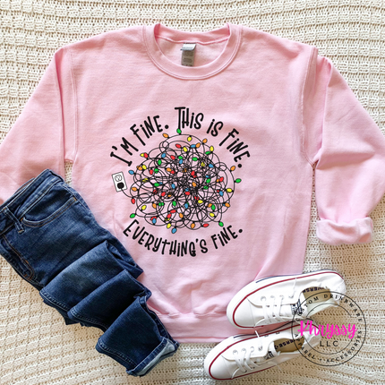 Light Pink crewneck sweatshirt with I'm Fine This Is Fine and tangled Christmas lights.