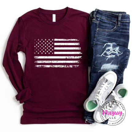 Maroon long sleeve tee showing a distressed white American flag design.