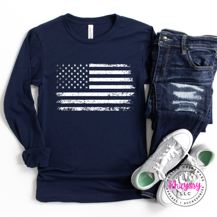 Navy long sleeve tee with a bold white vintage flag graphic across the chest.