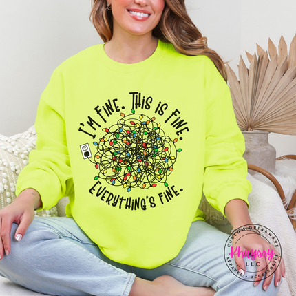 Tangled Christmas lights and Everything's Fine lettering on a Safety Green crewneck sweatshirt.