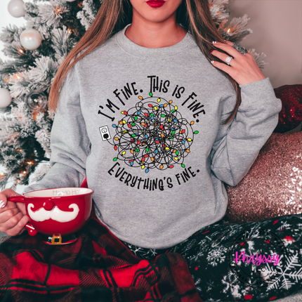 Sport Gray crewneck sweatshirt featuring a tangled ball of colorful holiday lights.