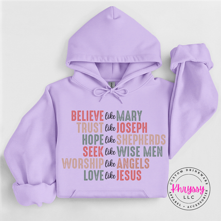 Orchid hoodie featuring Believe Like Mary nativity lettering.