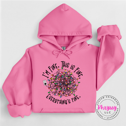 Tangled Christmas lights and Everything's Fine lettering on an Azalea hoodie.