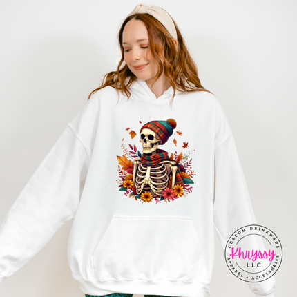 White hoodie with the skeleton with plaid scarf and fall flowers design