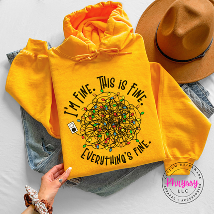 Gold hoodie featuring a tangled ball of colorful holiday lights.