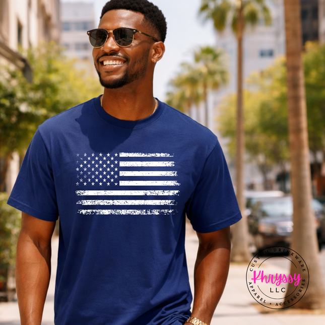 Navy garment-dyed tee showing a distressed white American flag design.