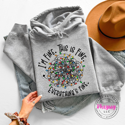 Sport Gray hoodie featuring a tangled ball of colorful holiday lights.