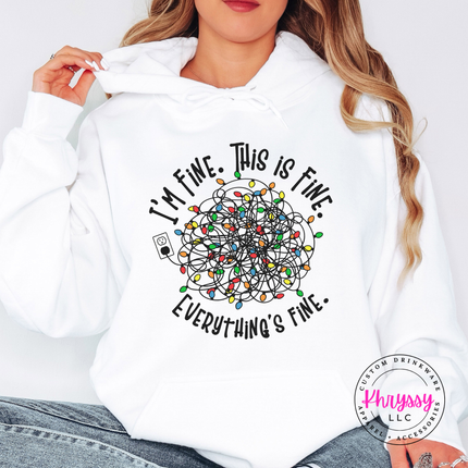 Close up of the Everything's Fine tangled lights on a White hoodie.