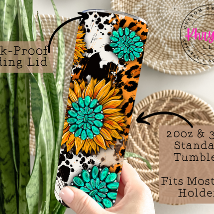 Sunflowers and Cowhide 20oz Tumbler with Straw