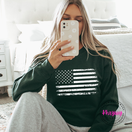 Forest crewneck sweatshirt featuring a weathered stars-and-stripes flag print in white.