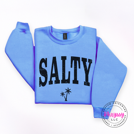 Carolina Blue crewneck sweatshirt featuring a black SALTY beach print with a palm tree.