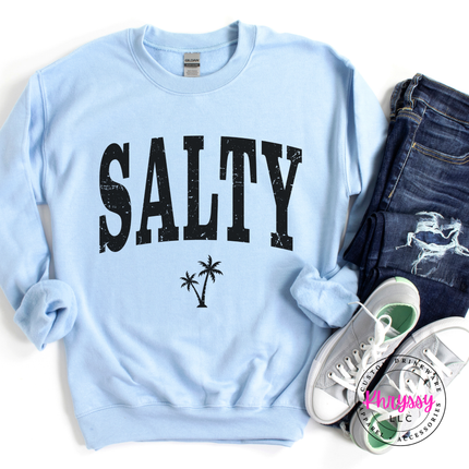 Light Blue crewneck sweatshirt showing a distressed black SALTY coastal graphic.