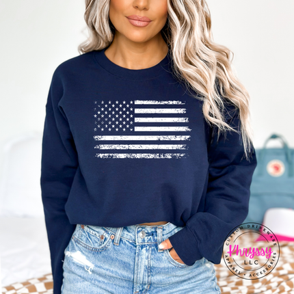 Navy crewneck sweatshirt with a bold white vintage flag graphic across the chest.