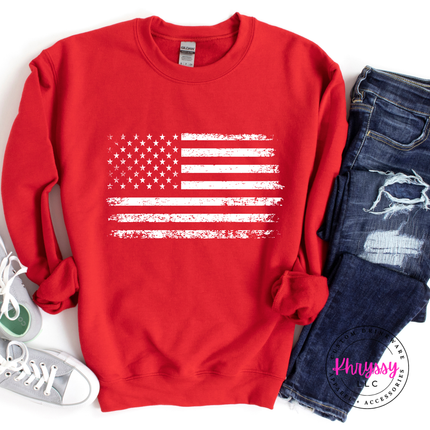 Red crewneck sweatshirt displaying a white distressed patriotic flag print.