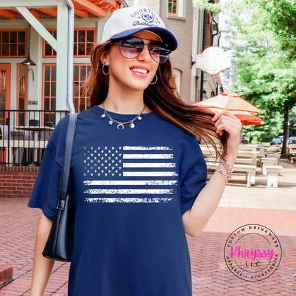True Navy garment-dyed tee displaying a white distressed patriotic flag print.