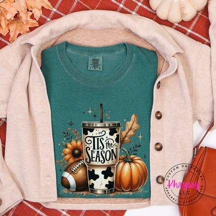 Blue Spruce tee with the tis the season sunflower and football print