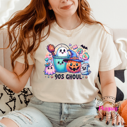 Ivory garment-dyed tee with a playful 90's Ghoul Halloween print.