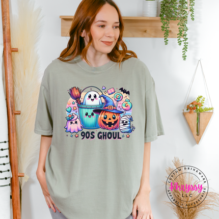 Sandstone Comfort Colors tee showing a pastel trick-or-treat graphic design.