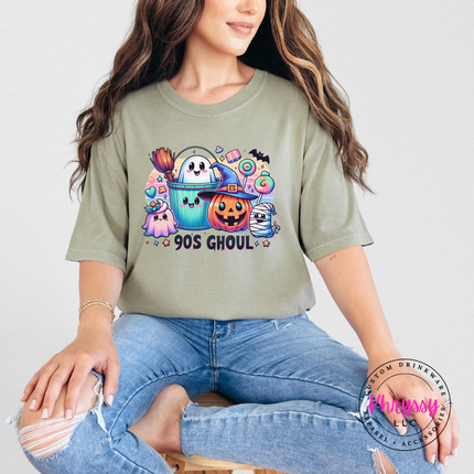 Khaki tee with the pastel 90s Halloween ghoul crew print