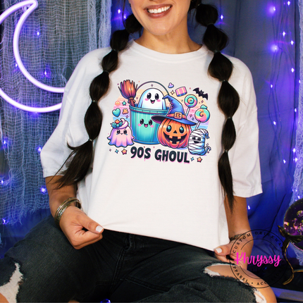 White pigment-dyed tee with a nostalgic retro Halloween ghost and pumpkin scene.