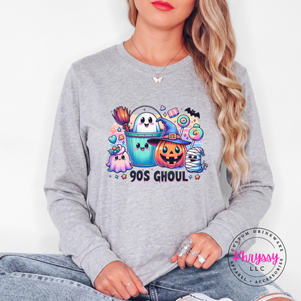 Athletic Heather long sleeve tee with the 90s Ghoul retro Halloween graphic