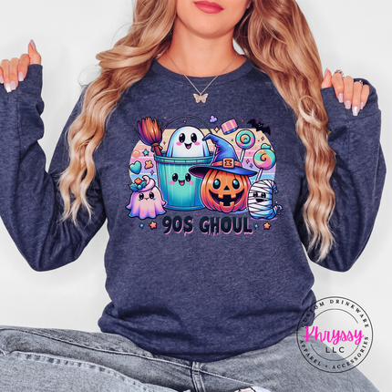 Heather Navy long sleeve tee with the pastel 90s Halloween ghoul crew print