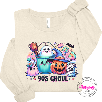 Heather Natural long sleeve with a playful 90's Ghoul Halloween print.