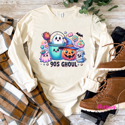 
Natural lightweight cotton long sleeve showing a pastel trick-or-treat design.
