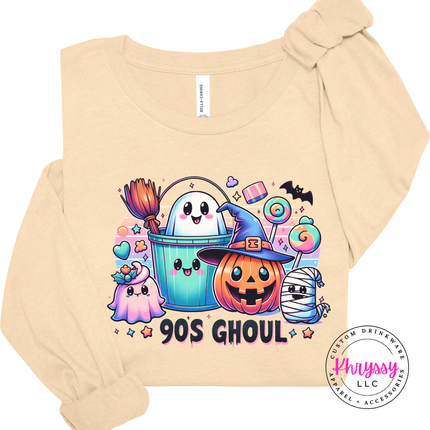 Soft Cream long sleeve with a nostalgic retro Halloween ghost and pumpkin scene.