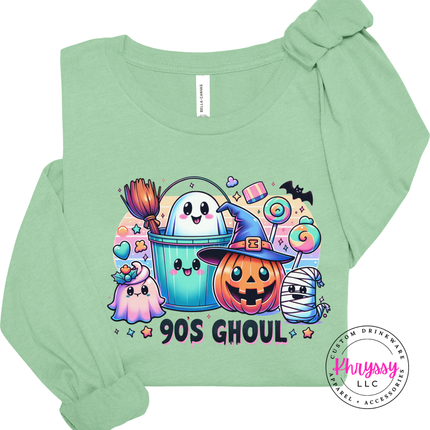 Mint long sleeve tee with the nostalgic 90s ghoul ghost and pumpkin design