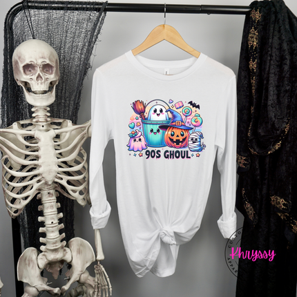 —
white long sleeve tee with the nostalgic 90s ghoul ghost and pumpkin design

