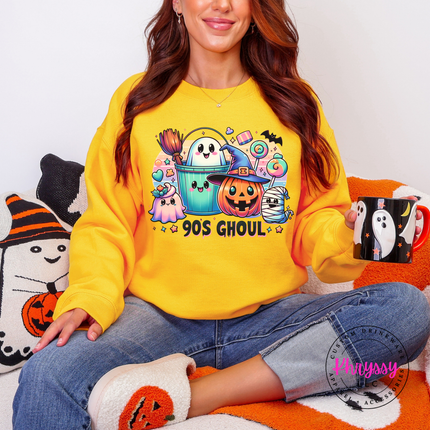 —
Gold crewneck sweatshirt with the pastel 90s Halloween ghoul crew print
