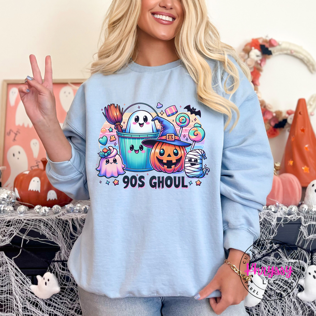 Carolina Blue fleece crewneck featuring cute ghost and pumpkin characters.