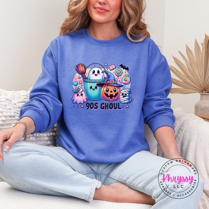 —
Heather Sport Royal crewneck sweatshirt with the retro 90s ghoul candy and mummy graphic
