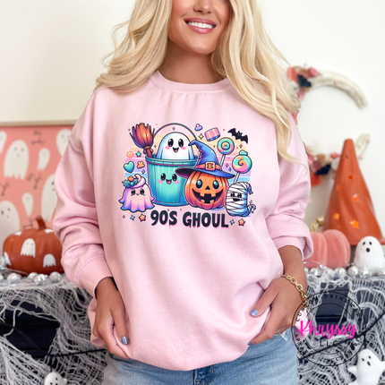 Light Pink heavyweight crewneck with a playful 90's Ghoul Halloween print.