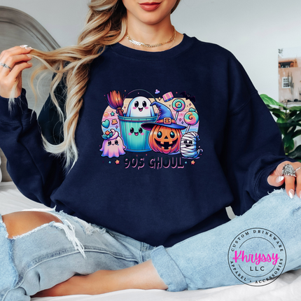 Navy crewneck sweatshirt with the nostalgic 90s ghoul ghost and pumpkin design

