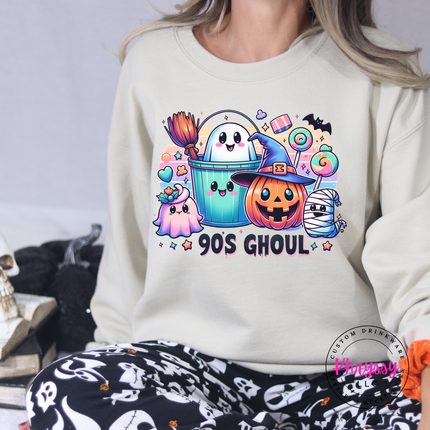 Sand crewneck sweatshirt showing a pastel trick-or-treat graphic design.