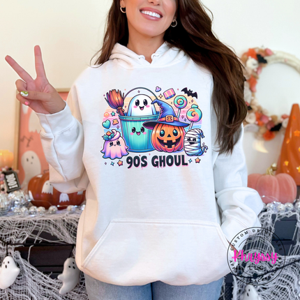 White fleece crewneck with a nostalgic retro Halloween ghost and pumpkin scene.
