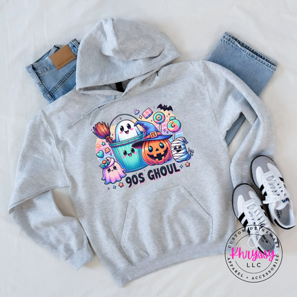 Woman wearing an Ash heavyweight hoodie with a retro pastel Halloween graphic.