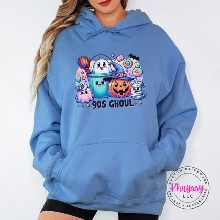 Carolina Blue hoodie with the pastel 90s Halloween ghoul crew print