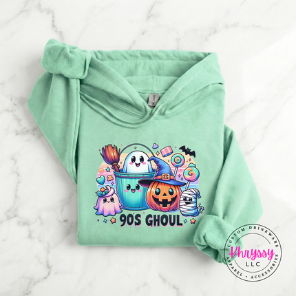 Mint Green hoodie with kangaroo pocket showing a playful 90's Ghoul print.