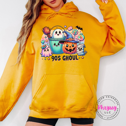Gold hoodie with the retro 90s ghoul candy and mummy graphic