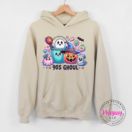 Sand fleece hoodie with drawstring hood and a nostalgic retro Halloween scene.