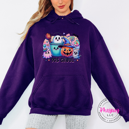 Purple hoodie with the pastel 90s Halloween ghoul crew print