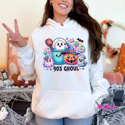 White hoodie with the nostalgic 90s ghoul ghost and pumpkin design
