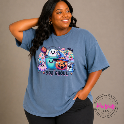 Blue Jean tee with the nostalgic 90s ghoul ghost and pumpkin design