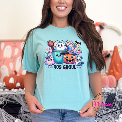 Soft Chalky Mint pigment-dyed tee featuring cute ghost and pumpkin characters.