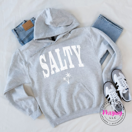 Ash pullover hoodie with a black distressed SALTY varsity and palm tree graphic.