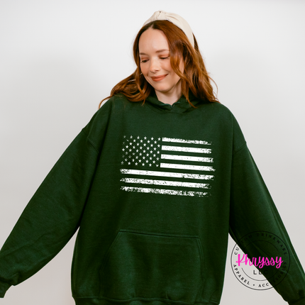 Forest pullover hoodie featuring a weathered stars-and-stripes flag print in white.